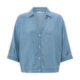 Yaya Chambrey Denim-Look Loose Fit Button-Up Top