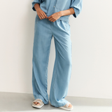 Yaya Chambrey Denim-Look Wide Leg Trousers with Elastic Waist
