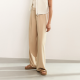 Yaya Croissant Brown Woven Wide Leg Trousers with Contrast Tape at Sides