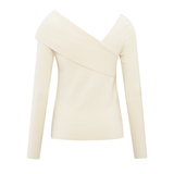 Yaya Off White Knit Fitted Sweater with Crossed Shoulder Neckline
