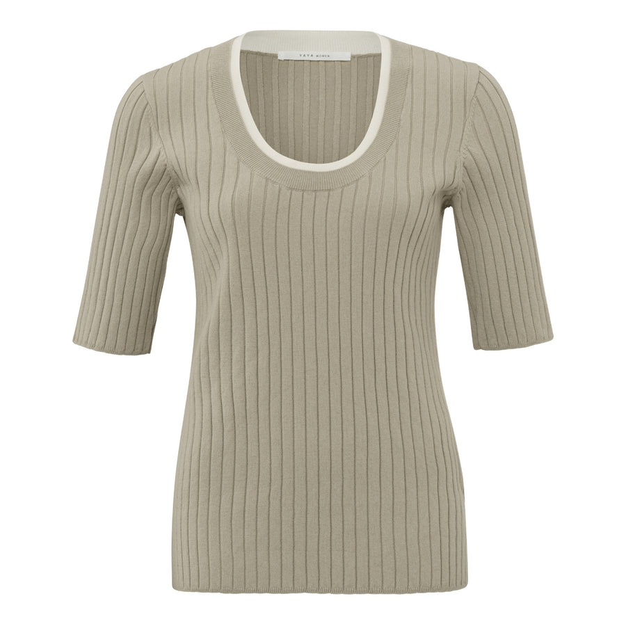 YAYA Aluminium Beige Fitted Half Sleeve Knitted Sweater