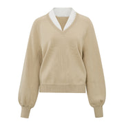 YAYA White Pepper Beige V-Neck Sweater with Woven Detail