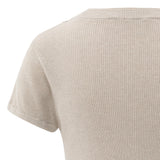 YAYA Sand Melange Rib Short Sleeve Sweater With Double Neckline