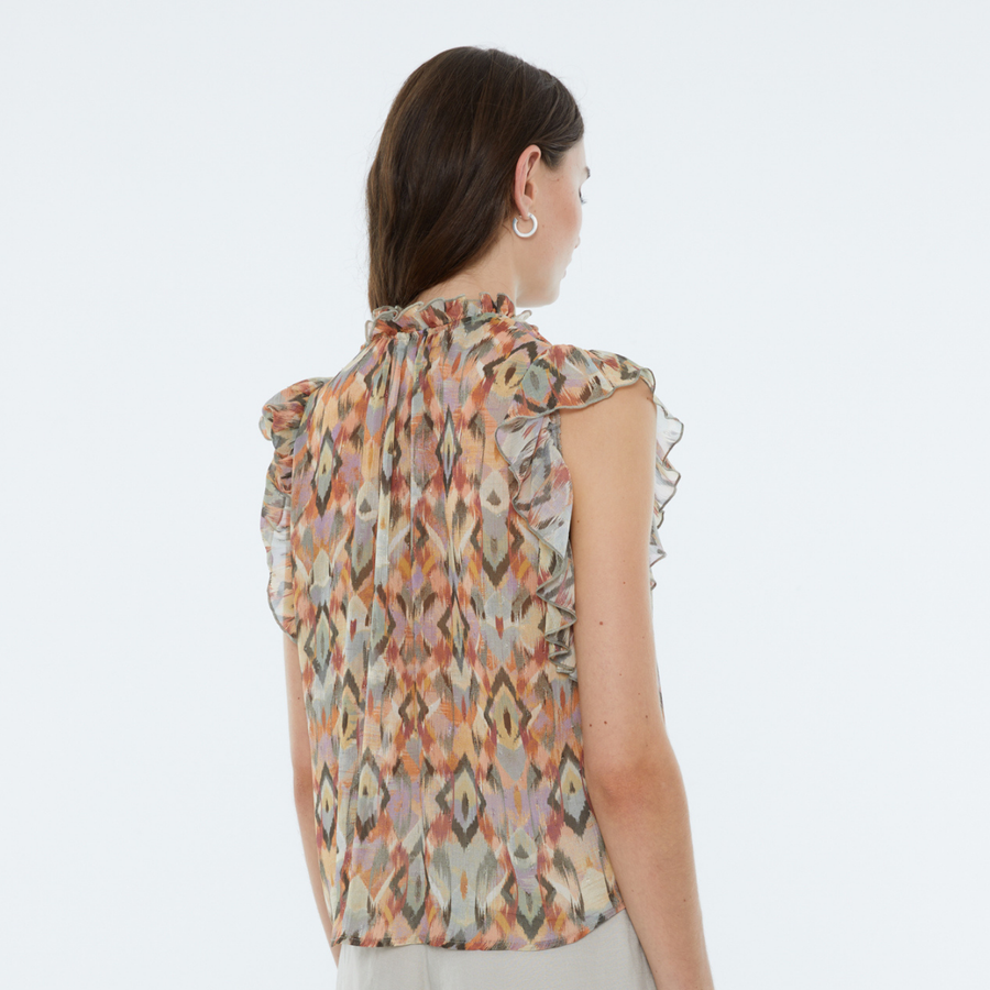 Andam Khaki Geometric Patterned Top with Frilly Neckline