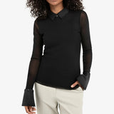 YAYA Black Mesh Top With Removable Cuffs & Collar