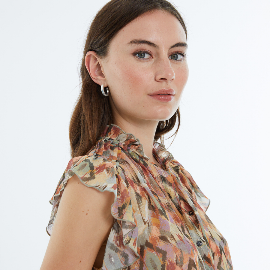 Andam Khaki Geometric Patterned Top with Frilly Neckline