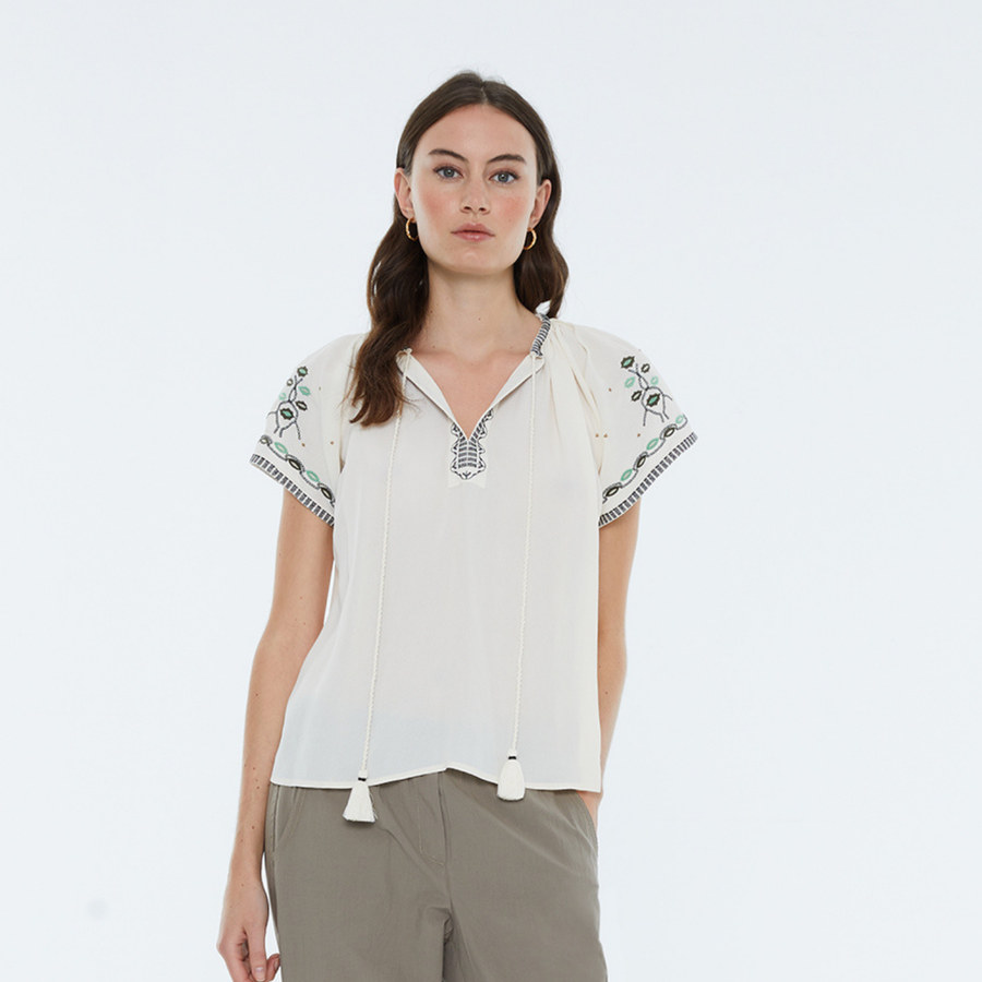 Andam Ecru Shirt with Geometric Patterned Details