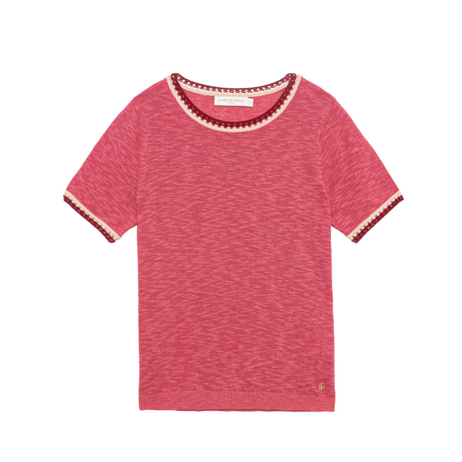 Le Petit Etoile Madi Fraise Ecrasee Pullover with Crotchet Hem Detail