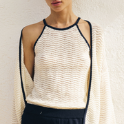 Sita Murt Off-White Knitted Halter-Neck Top with Navy Seams