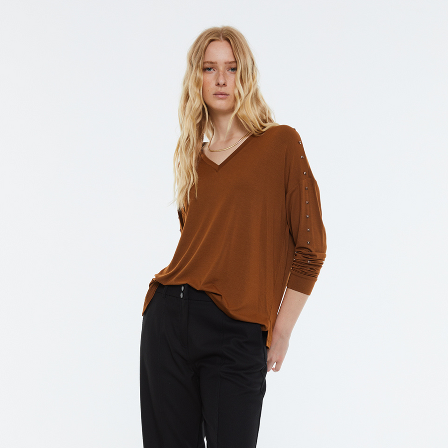 Andam Long-Sleeve Studded Top in Camel