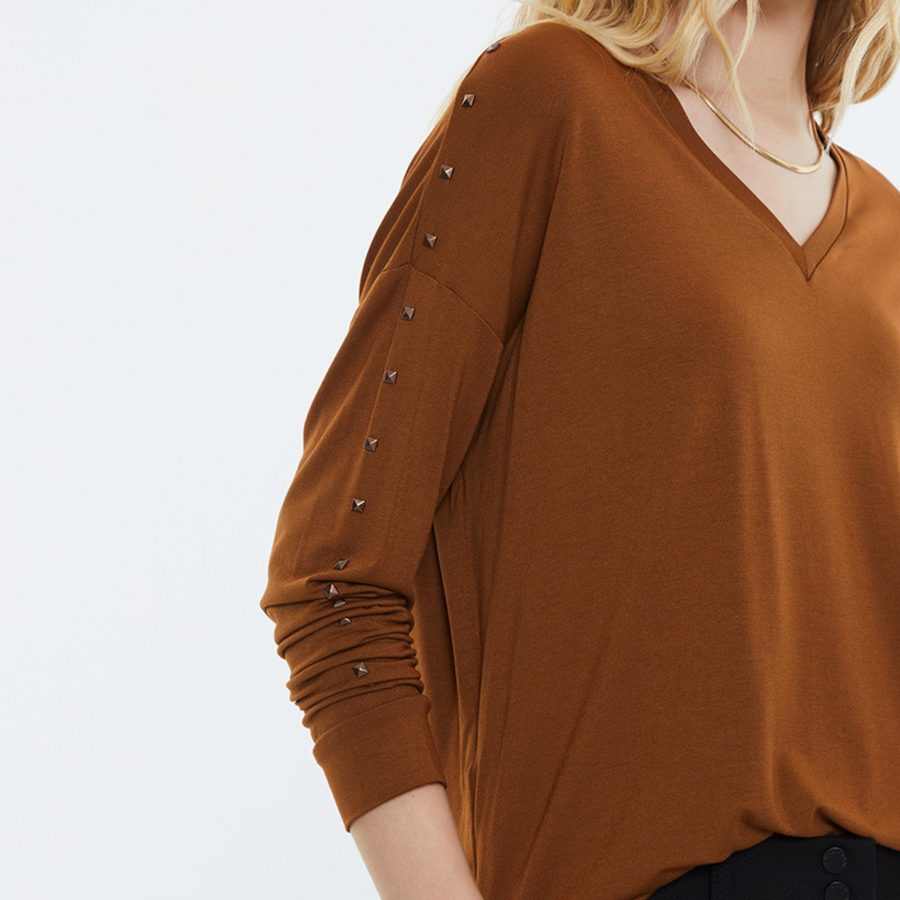 Andam Long-Sleeve Studded Top in Camel