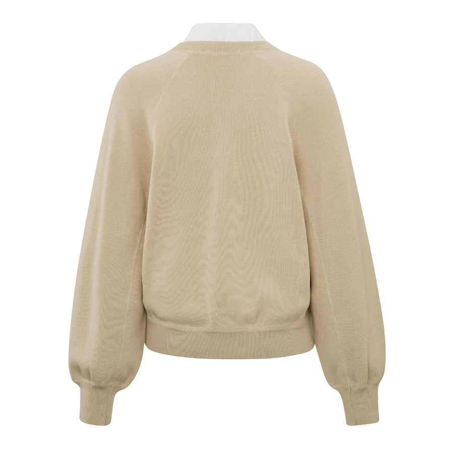 YAYA White Pepper Beige V-Neck Sweater with Woven Detail