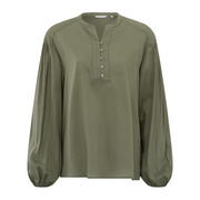 YAYA Stone Gray V-Neck Blouse with a Pleated Detail