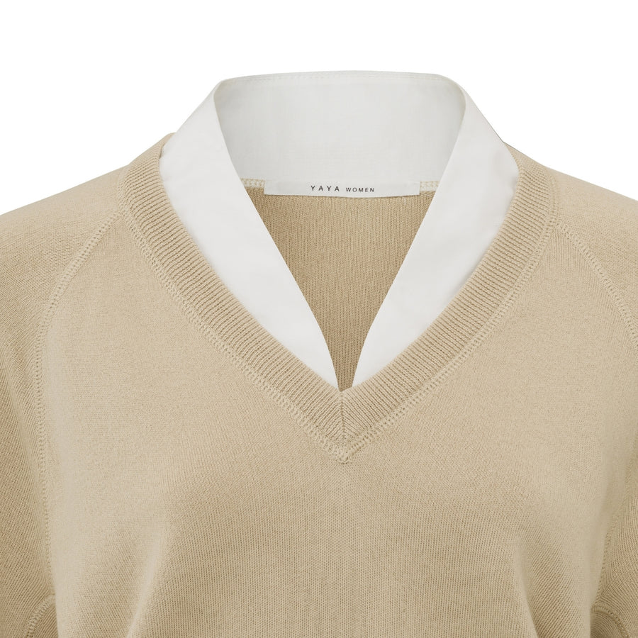 YAYA White Pepper Beige V-Neck Sweater with Woven Detail