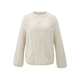 YAYA Wool White Long Sleeve Cable Sweater With Round Neck