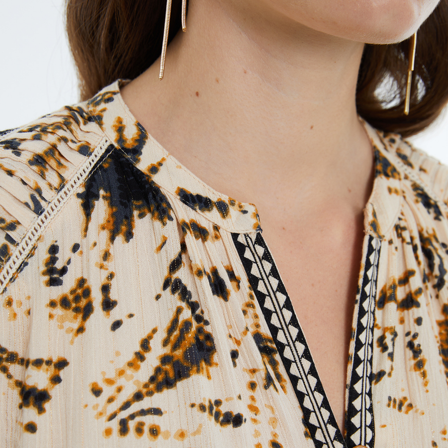 Andam Beige and Brown Printed Shirt with Geometric Neckline