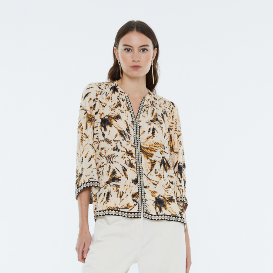 Andam Beige and Brown Printed Shirt with Geometric Neckline
