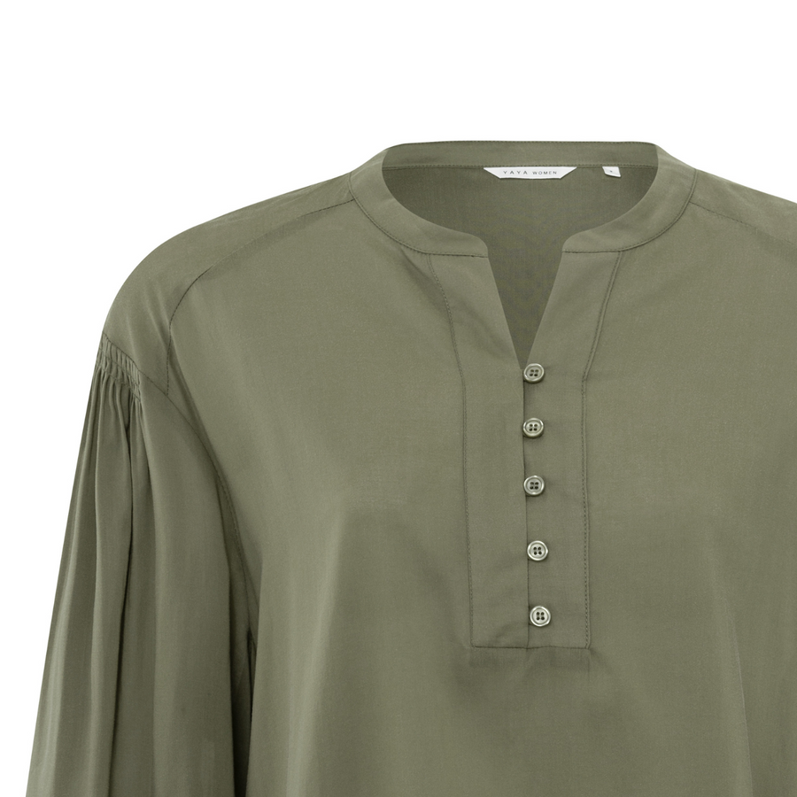 YAYA Stone Gray V-Neck Blouse with a Pleated Detail