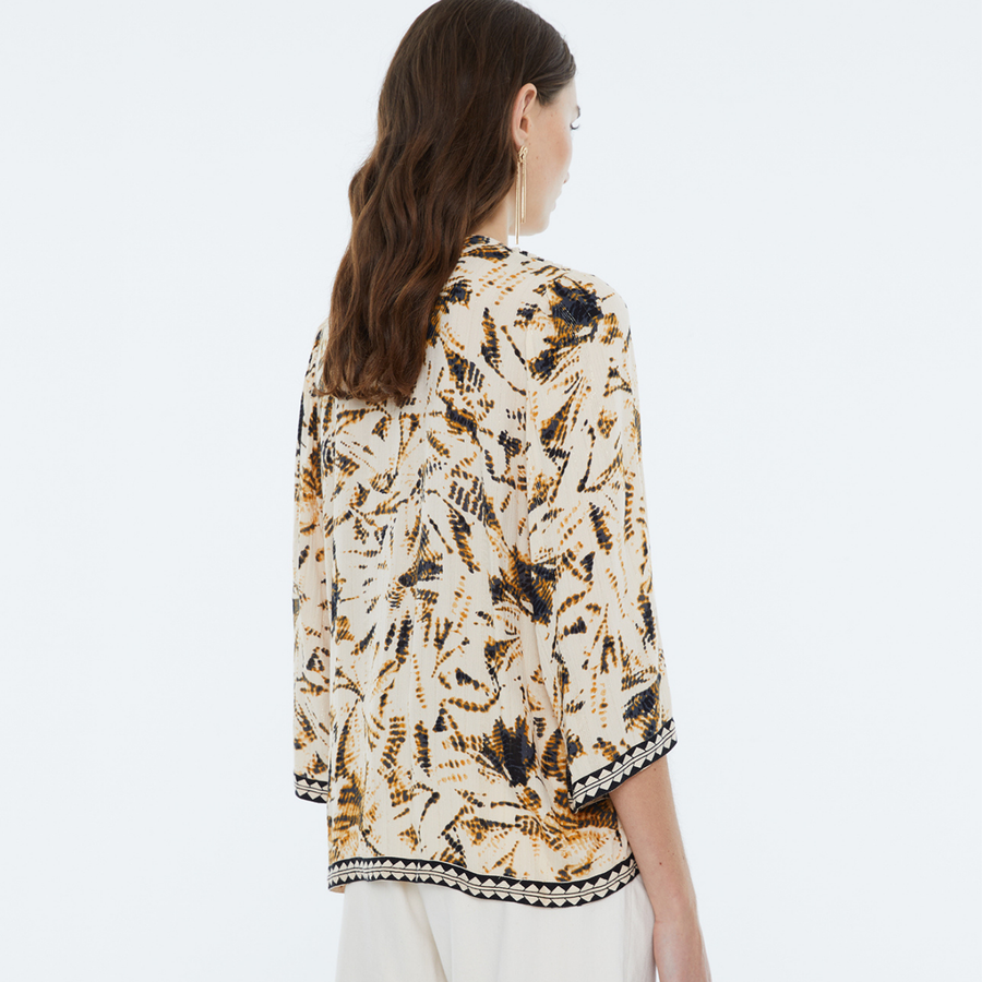 Andam Beige and Brown Printed Shirt with Geometric Neckline