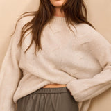 YAYA Wool White Long Sleeve Cable Sweater With Round Neck