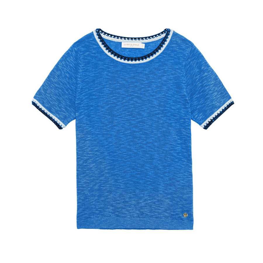 Le Petite Etoile Bleu Madi Pullover with Crotchet Hem Details