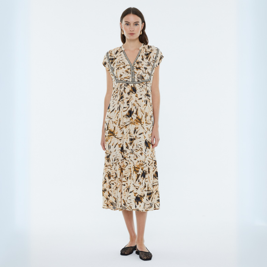 Andam Beige and Brown Printed Dress with Button Detail - 22