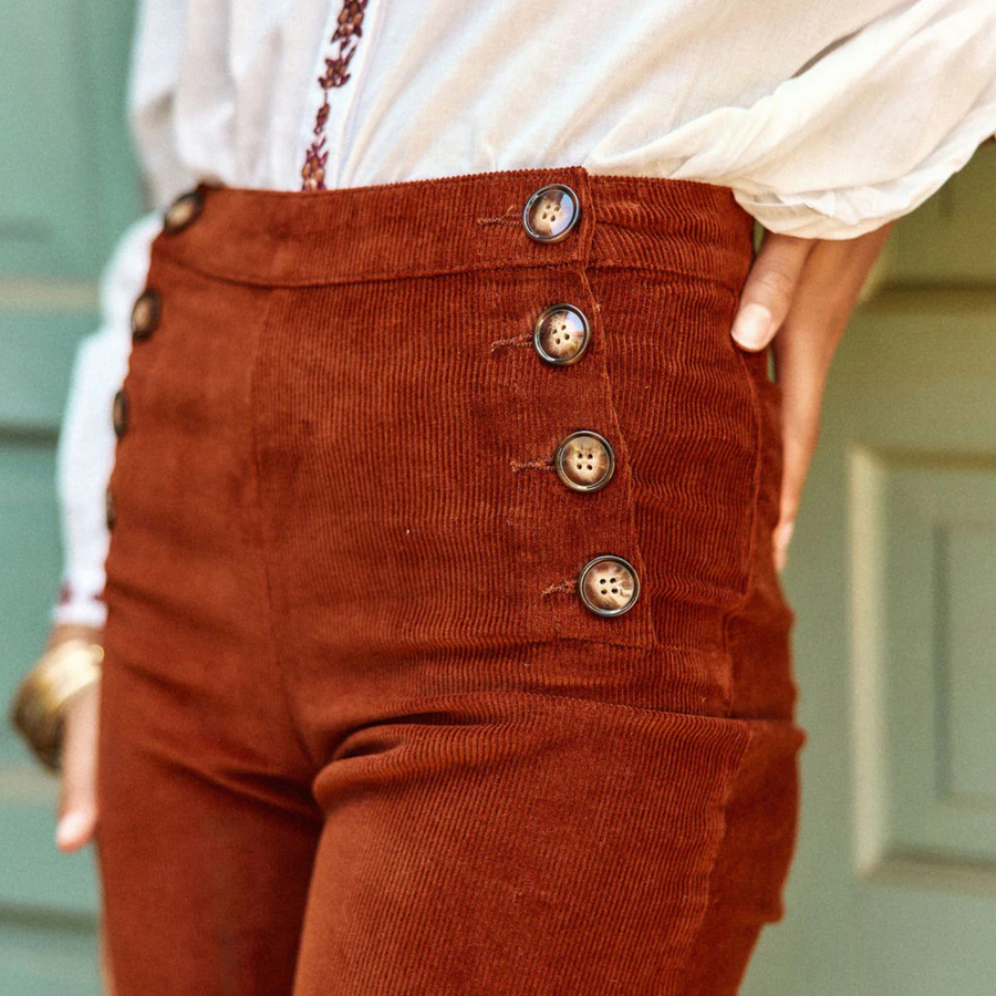 La Petite Etoile Paulie Marron Brown Flare Pants with Button Detail