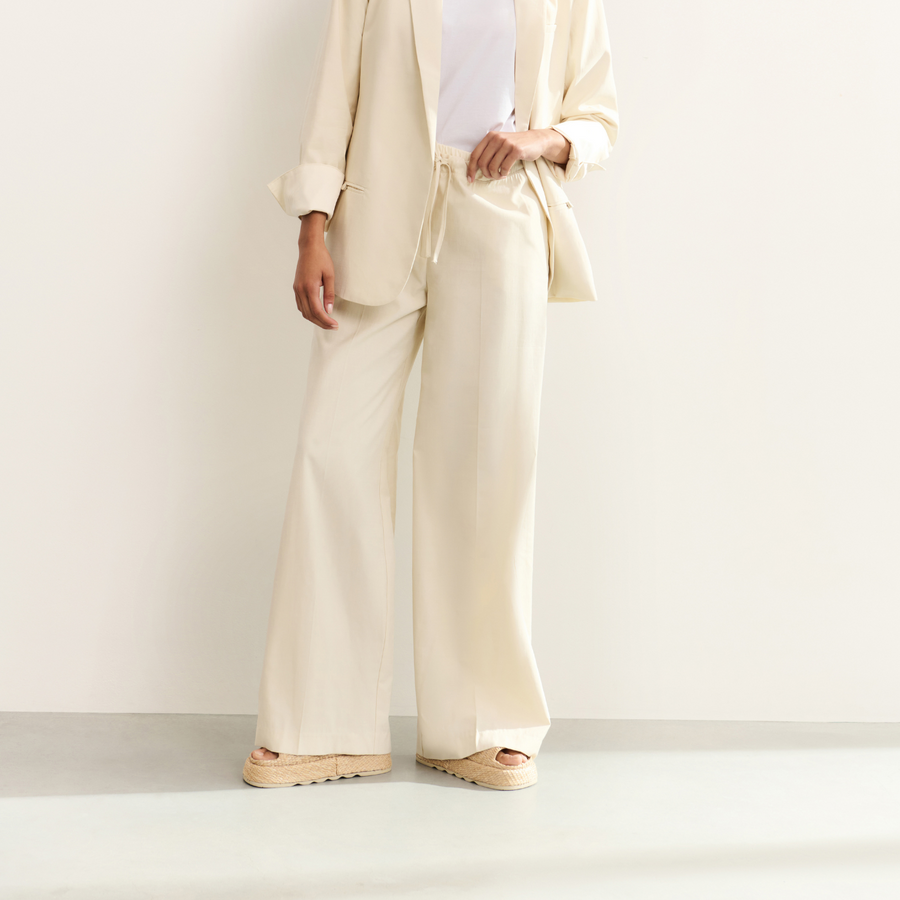 Yaya Summer Sand Woven Wide Leg Trousers with Elastic Satin Contrast Waistband