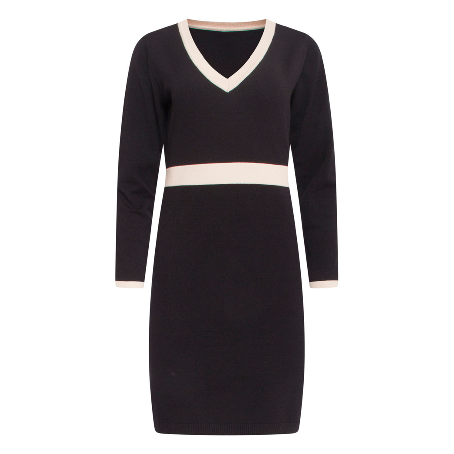 Smashed Lemon Black-Sand Contrast Long Sleeve Knit Dress