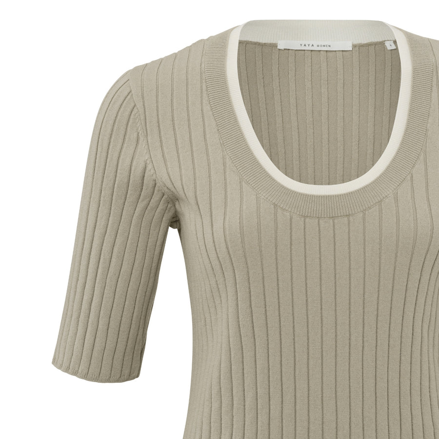 YAYA Aluminium Beige Fitted Half Sleeve Knitted Sweater