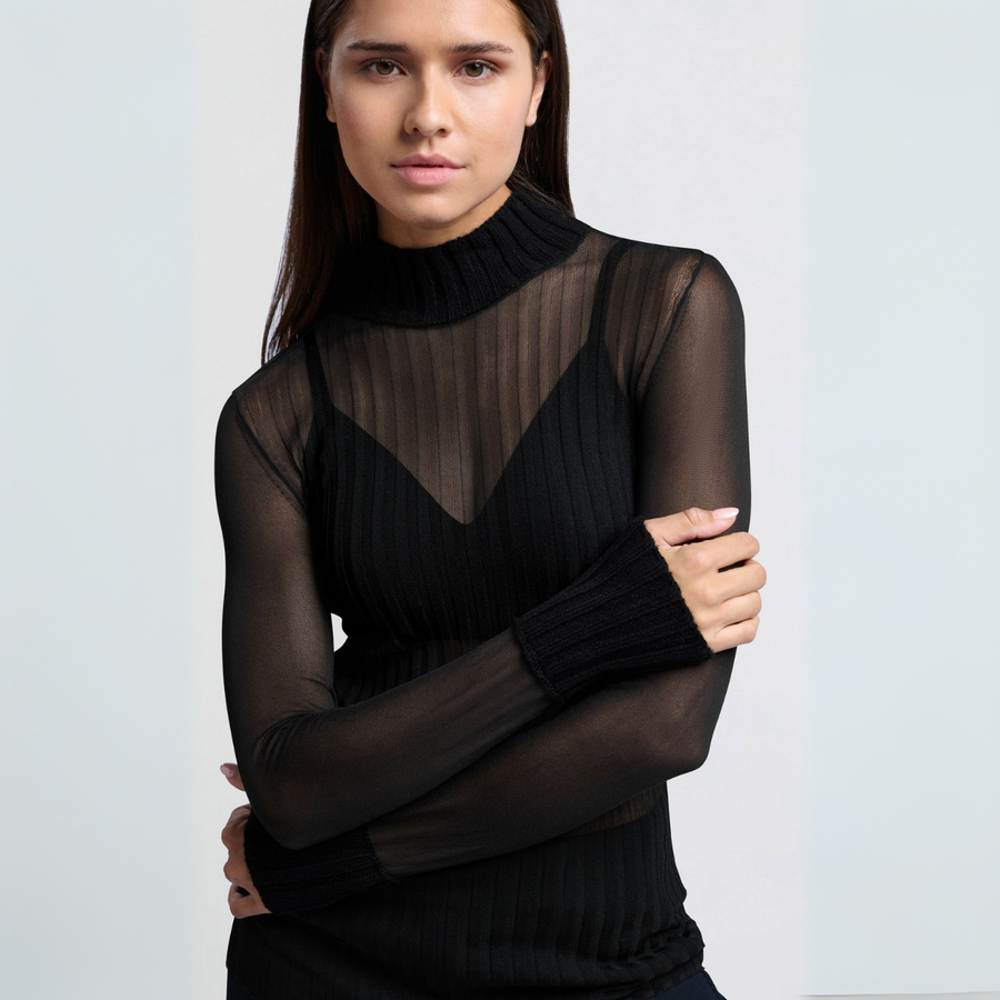 Yaya Black Transparent Rib High Neck Sweater