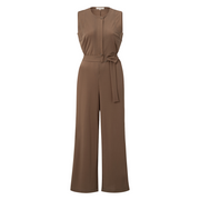Yaya Caribou Brown Sleeveless Jersey Jumpsuit with Placket Detail
