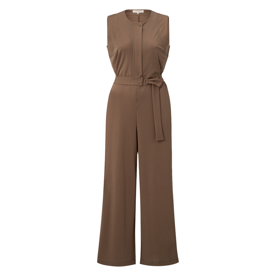 Yaya Caribou Brown Sleeveless Jersey Jumpsuit with Placket Detail