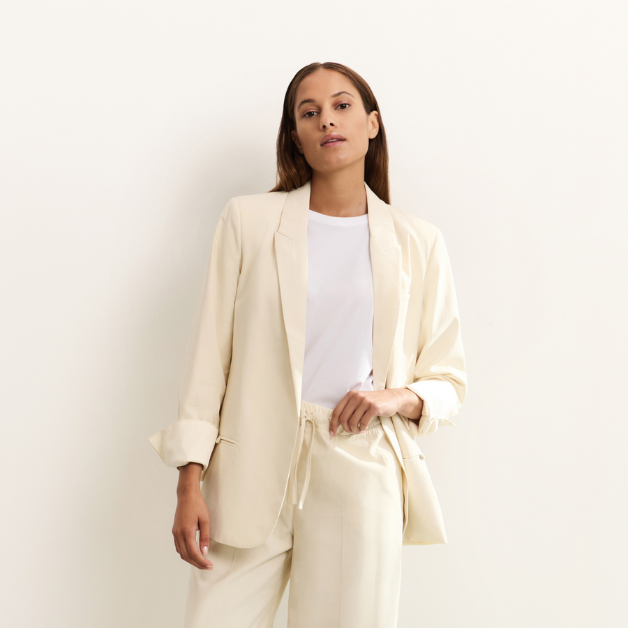 Yaya Summer Sand Woven Loose Fit Blazer with Satin Details