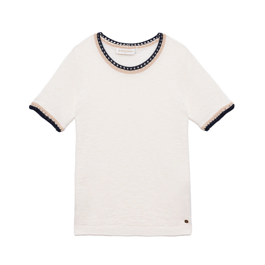 Le Petite Etoile Ecru Madi Pullover with Crotchet Hem Details
