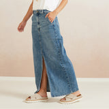 YAYA Blue Denim Maxi Skirt with a Slit