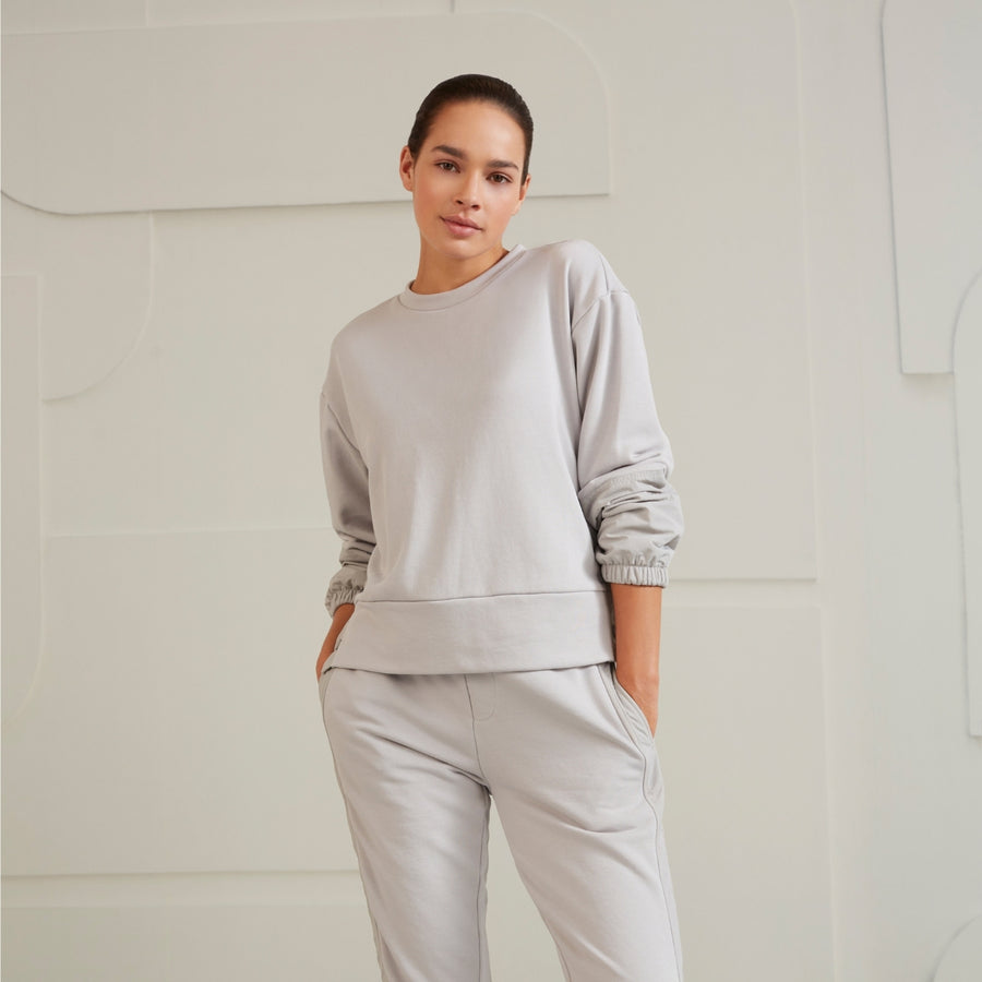 YAYA Mixed Fabric Sweatshirt with Button Detail in Harbor Mist Grey