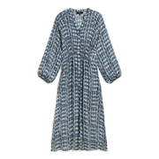 Andam Flowy Azul Dress with a Ruched Waist and Bell Sleeves