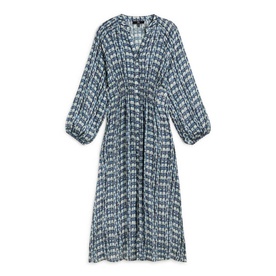 Andam Flowy Azul Dress with a Ruched Waist and Bell Sleeves