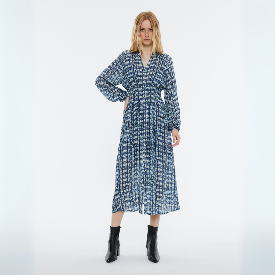 Andam Flowy Azul Dress with a Ruched Waist and Bell Sleeves