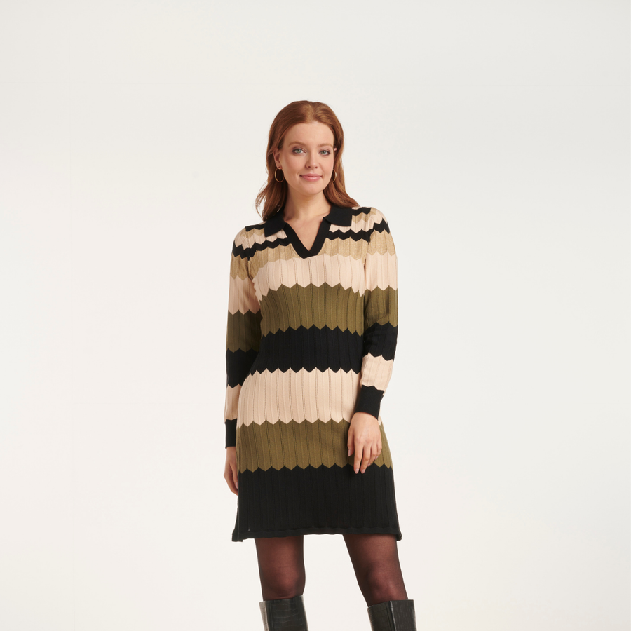 Smashed Lemon Block Striped Sand Multicolour Collared Knit Dress