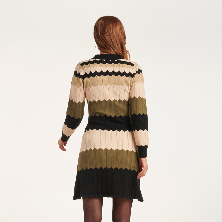 Smashed Lemon Block Striped Sand Multicolour Collared Knit Dress