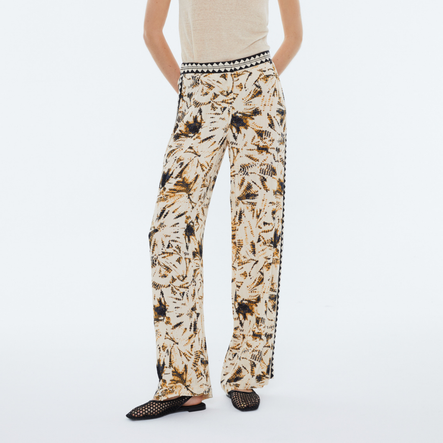 Andam Beige Printed Pants with Geometric Patterned Waistline