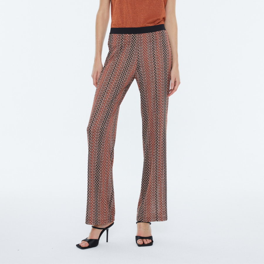 Andam Flared Printed Camel Pants with Elastic Waistband
