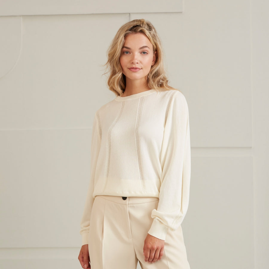 YAYA Ivory White Mesh Detail Sweater