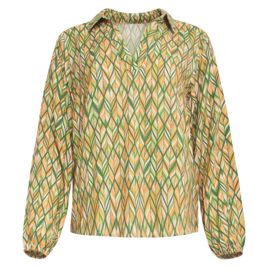 Smashed Lemon Green-Multicolour Printed Collared Top