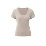 YAYA Sand Melange Rib Short Sleeve Sweater With Double Neckline