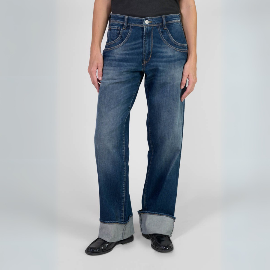 Le Temps Des Cerises Dark Blue Revers High Rise Wide Leg Jeans