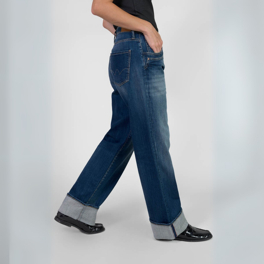 Le Temps Des Cerises Dark Blue Revers High Rise Wide Leg Jeans