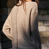 YAYA Oxford Tan Brown Melange Textured High Neck Sweater With Buttons